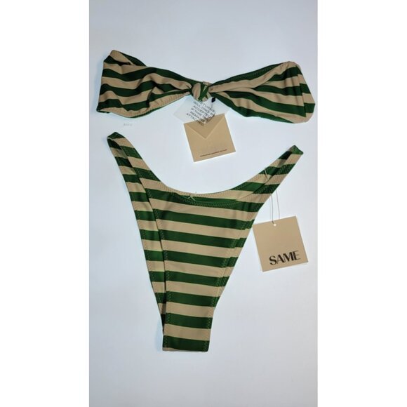 SAME Los Angeles Swim Bikini Set Top Strapples Bottom 90's Medium Stripped Green - Picture 6 of 7